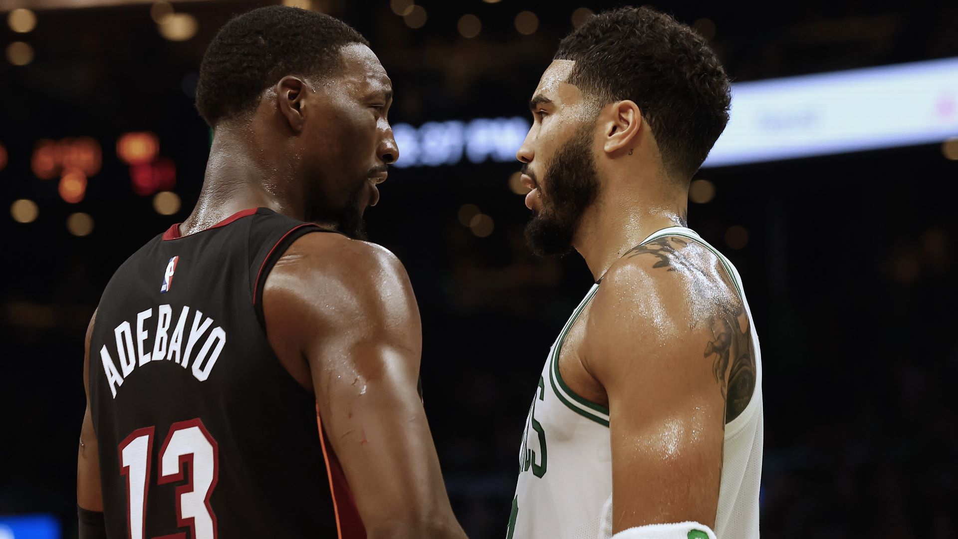 Miami Heat forward Bam Adebayo and Boston Celtics forward Jayson Tatum