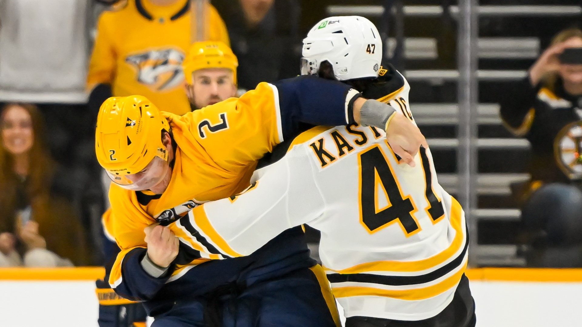 Boston Bruins forward Mark Kastelic, Nashville Predators defenseman Luke Schenn