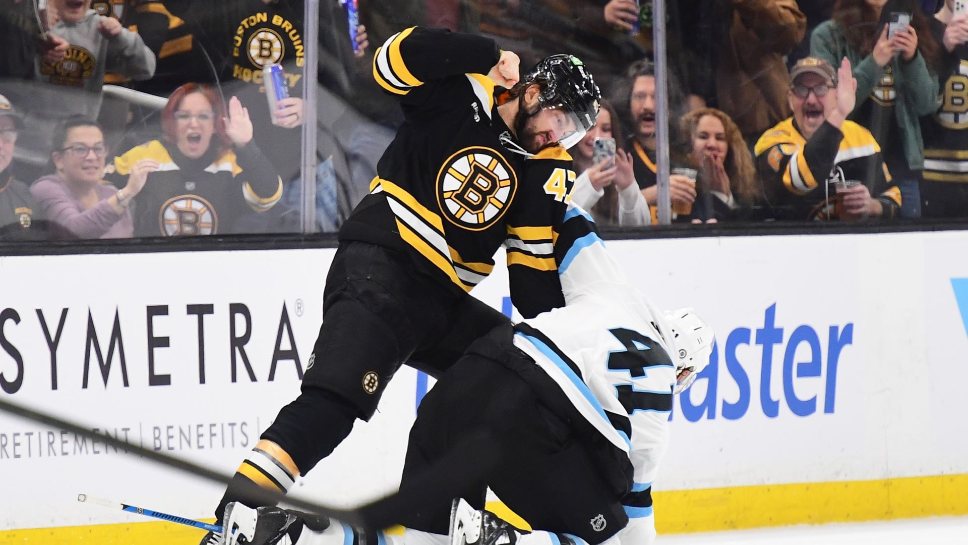 Boston Bruins forward Mark Kastelic and Utah Hockey Club defenseman Robert Bortuzzo