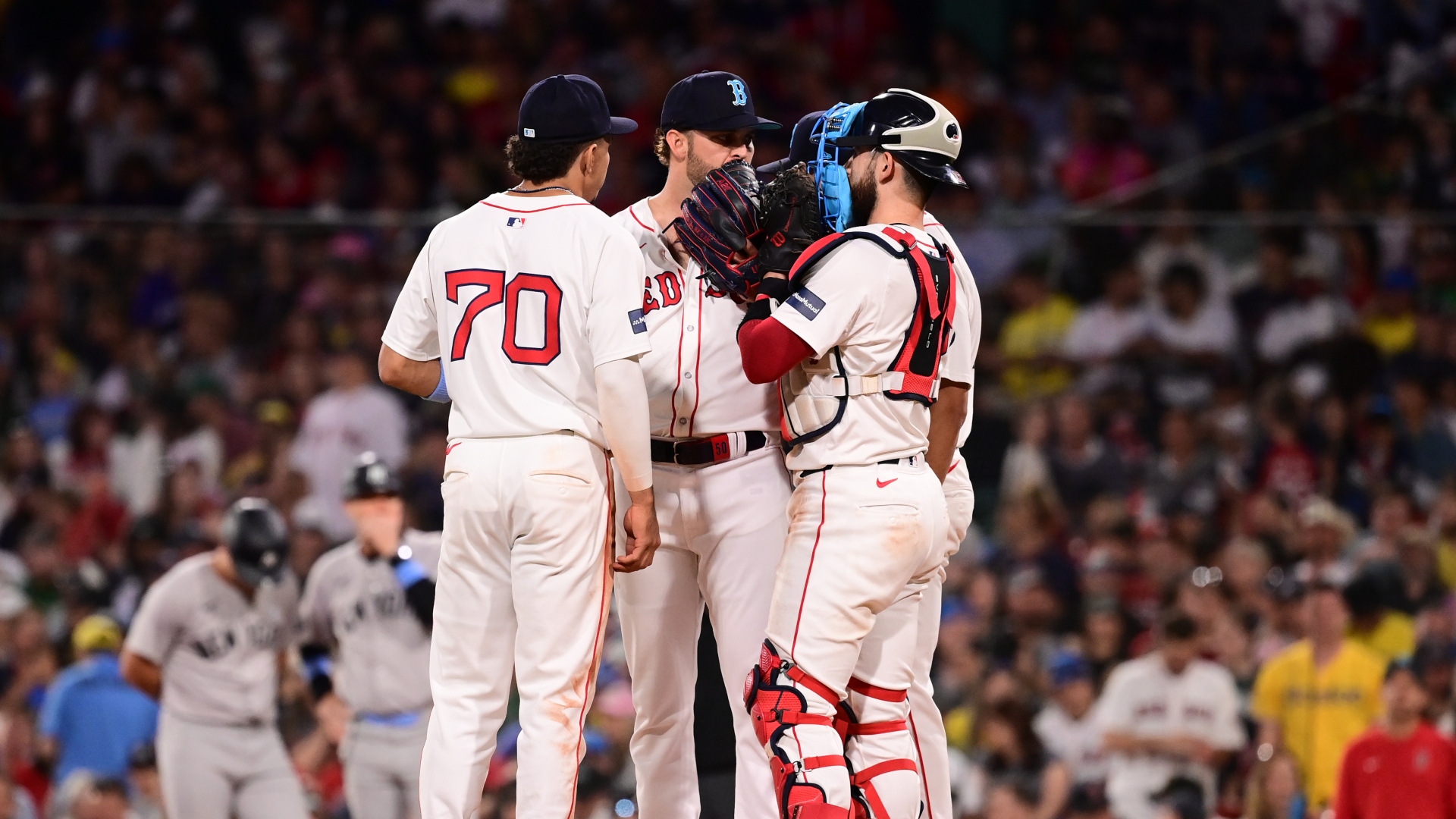 Boston Red Sox starting pitcher Kutter Crawford, catcher Connor Wong and infielder David Hamilton