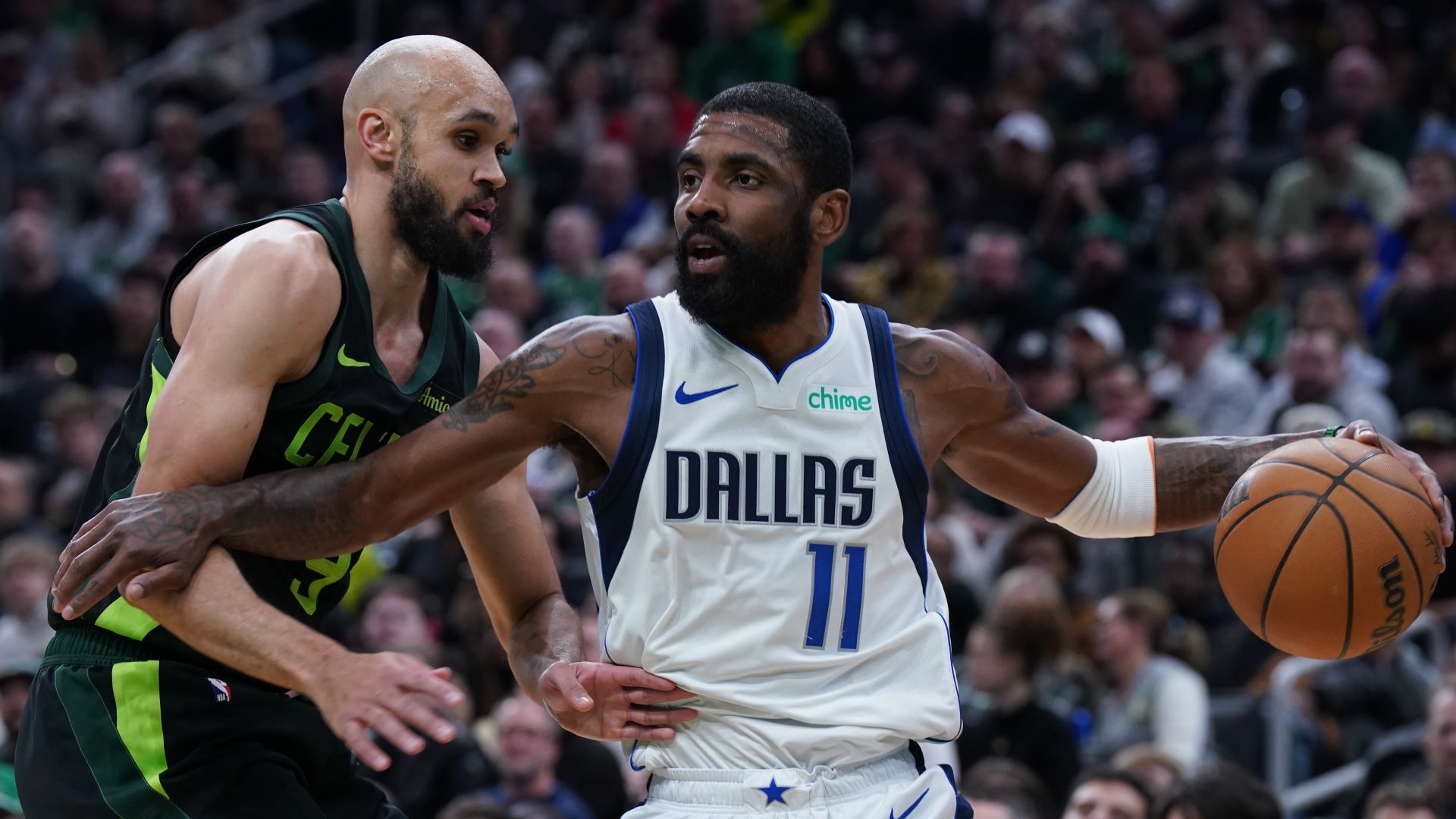 Dallas Mavericks guard Kyrie Irving and Boston Celtics guard Derrick White