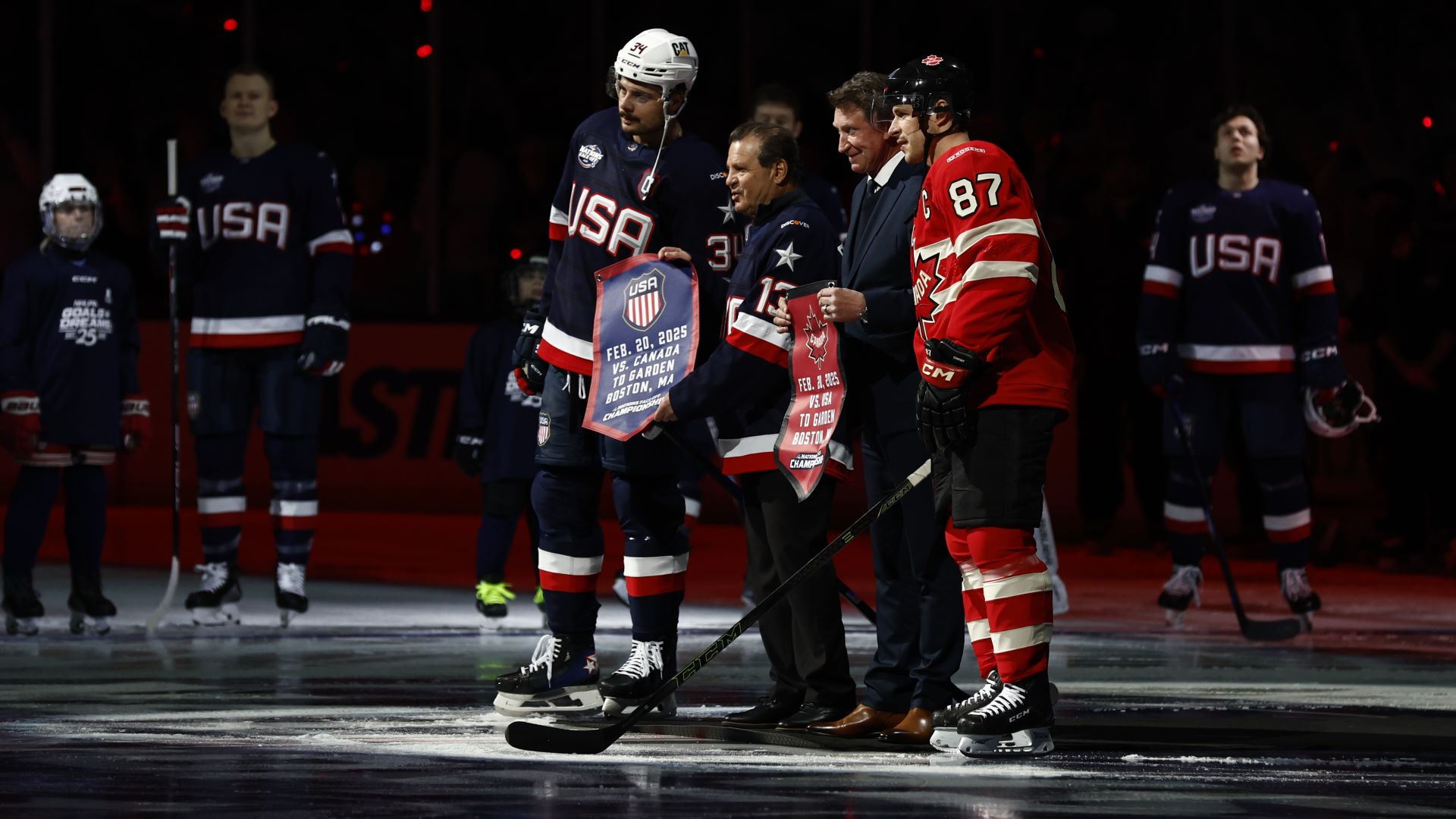 USA gold medalist Mike Eruzione. Team USA forward Auston Matthews, Team Canada forward Sidney Crosby and NHL legend Wayne Gretzky